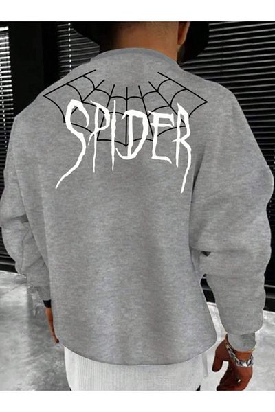 AEMİ Ανδρικό φούτερ με στάμπα σε γκρι Spider Oversize Crew Neck