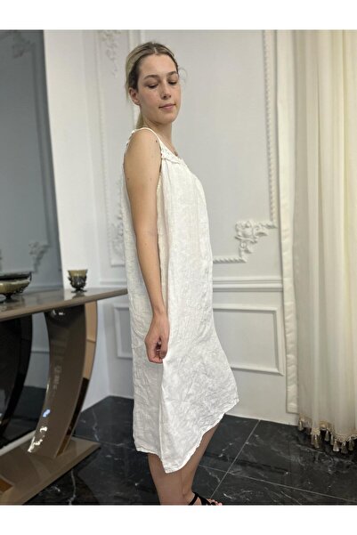 Bohemian Women's White Sleeveless Linen Dress