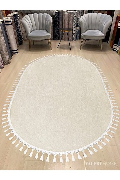 Valery Home Vl Oval Comfort Ponpon Saçaklı Peluş Halı Ekru