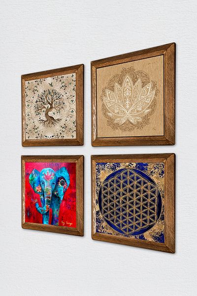 Pinecone Elephant, Lotus Flower, Flower of Life, Tree of Life Stone Wall Painting Wood Framed Wall Decor