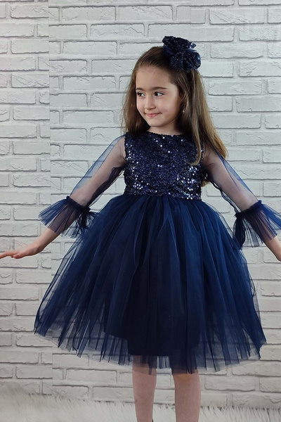 miço kids Bükreş Kol Fırfırlı Payetli Kız Çocuk Elbisesi Lacivert