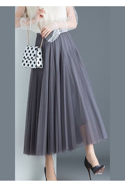 NSMLİFE High Waist and Pleated Gray Tulle Skirt - Comfortable, 95 cm Long