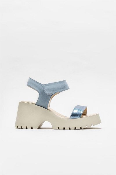 Elle Shoes Blue Leather Women's Wedge Heeled Sandals