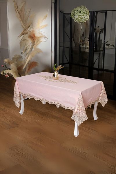Finezza Henna Luxe Lace Glitter Linen Fabric Powder Tablecloth 160x230 Cm - 1146