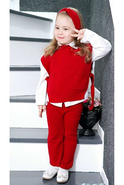 Meriç bebe Trendy Girl's 3-Piece Knitwear Set with Hair Band, Trousers, Open Sides and Tie Detail Sweaters