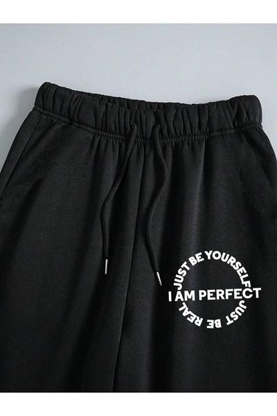 AEMİ Women's i am perfect printed oversize 3 thread bottom top tracksuit set