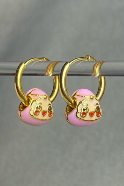 Jaida Moda Gold Colored Stainless Steel - Double Sided Pink Patterned Charm Hoop Earrings