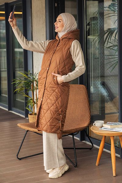 Minel Women's Tan Hooded Quilted Vest MNL-023Y
