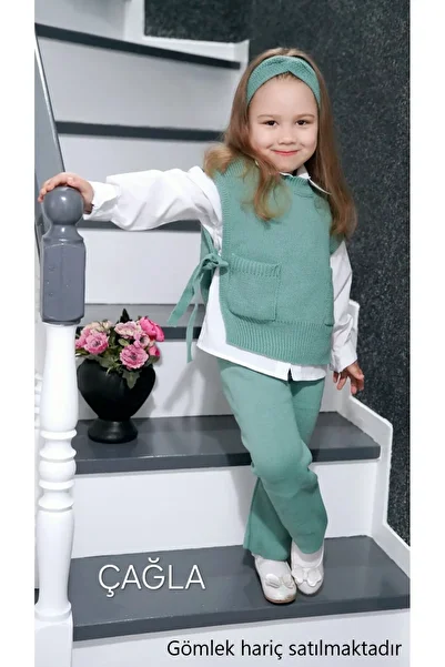 Meriç bebe Trendy Girl's 3-Piece Knitwear Set with Hair Band, Trousers, Open Sides and Tie Detail Sweaters