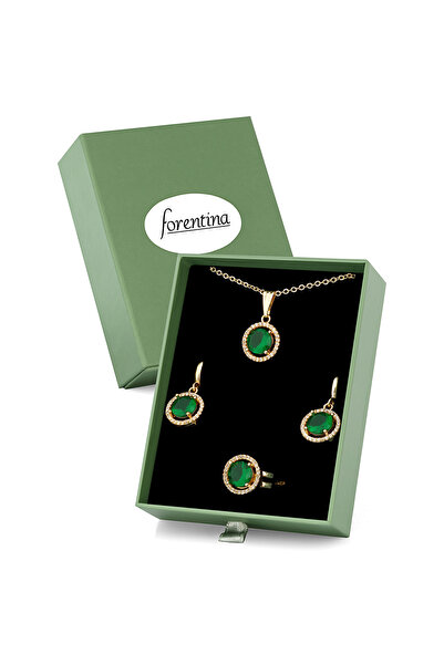 Forentina Altın Kaplama Yeşil Taşlı Kolye Küpe Yüzük Yeşil Kutuda Hediye Set ...