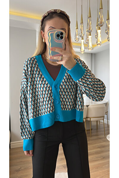 Narferita MNG Modrý Hnědý Vintage vzorovaný Cardigan