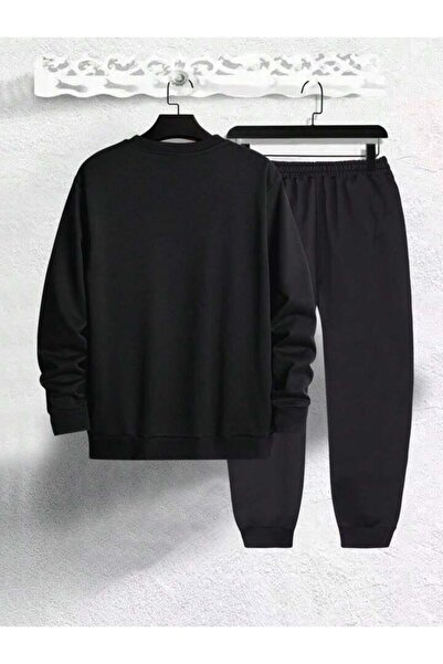 AEMİ Men's Bear Printed Black Crew Neck Sweatshirt and Jogger Sweatpants - Bottom and Top Set