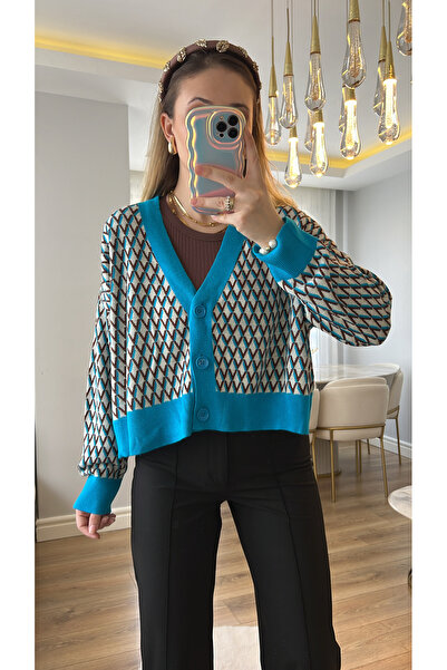 Narferita MNG Modrý Hnědý Vintage vzorovaný Cardigan