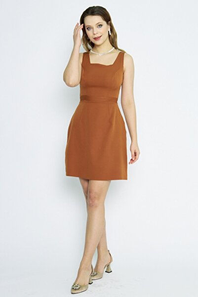 Bidoluelbise Women's Square Collar Wide Brim Sleeveless Above Knee Cinnamon Dress