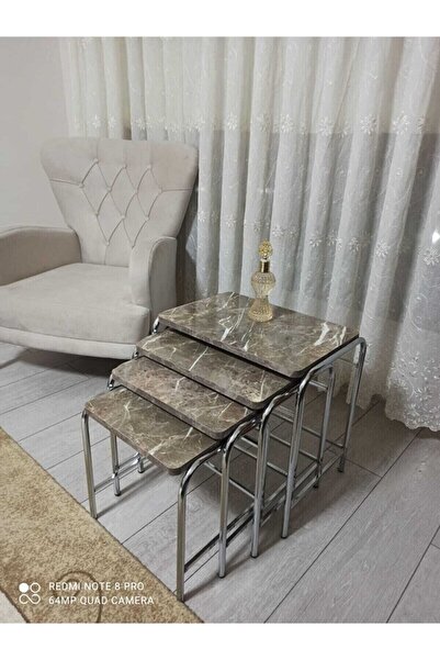 GÜVENÇ 4'lü Zigon Sehpa Nikelaj Kaplama Metal Ayaklı Gri Mermer Desen