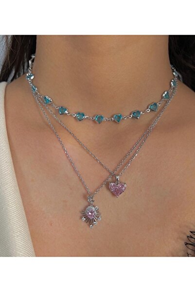 h&b design jewel Silver Mavi Mini Kalp Choker