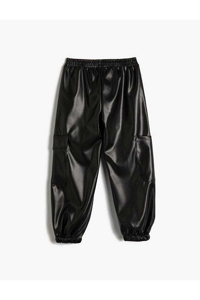OliveYouMom Girl's Leather Look Elastic Ankle Cargo Pocket Trousers