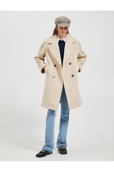 Koton Long Cuff Coat Double Breasted Closure Buttons Pocket Detailed