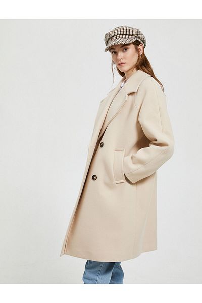 Koton Long Cuff Coat Double Breasted Closure Buttons Pocket Detailed
