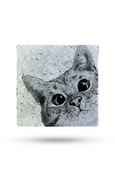 Begoloni Stone Decor 15X15Cm Cat Printed Natural Stone Trivet - Teapot Base Pot Pan