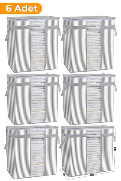 Serstil 6 Pieces - Windowed Storage Bag 50 X 45 X 30 Cm - Gray Rope Pattern