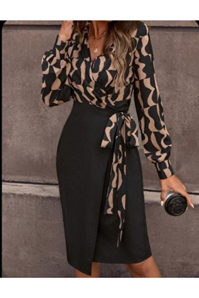 JANES Γυναικείο μακρυμάνικο φόρεμα με διπλό στήθος με ψηφιακή στάμπα με λεπτομέρεια φιόγκου Atlas