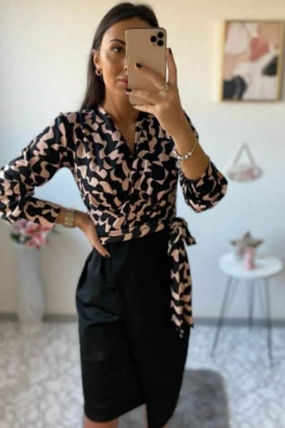 JANES Γυναικείο μακρυμάνικο φόρεμα με διπλό στήθος με ψηφιακή στάμπα με λεπτομέρεια φιόγκου Atlas