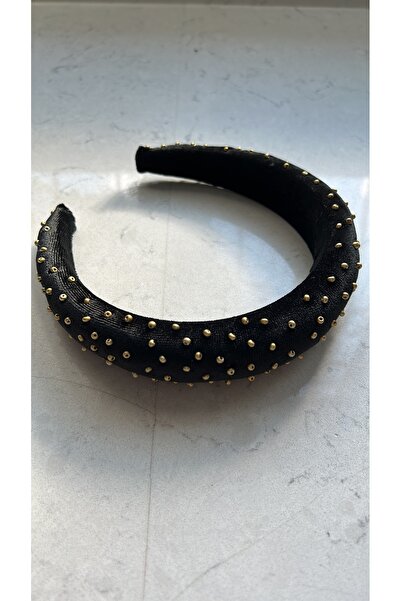 MADE BY PERİ Siyah ipek kadife üzeri bakır rengi boncuk işlemeli dolgulu taç.