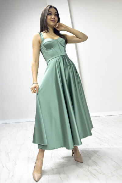 Elbise Delisi Su Yeşili Midi Boy Arkadan Bağlamalı Gloplu Abiye,Balo,Mezuniye...