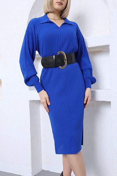 VEGENZE Rochie lungă de tricotaj Saks cu guler polo de damă