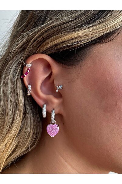 h&b design jewel İthal Pembe Kuvars Taşlı Kalp Küpe