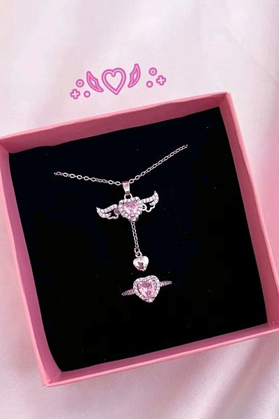 The Collection Movable Wing Heart Steel Necklace And Silver Zircon Adjustable Pandora Ring