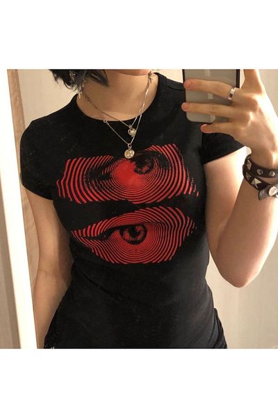 Gofeel Y2K Gothic Dark See Detail Half T-Shirt Crop Blouse