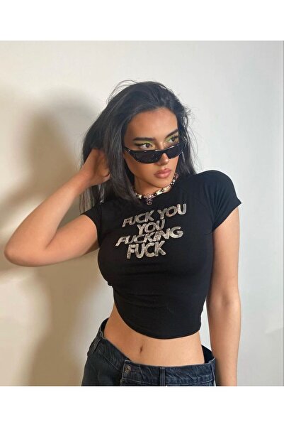 Gofeel بلوزة قصيرة مطبوعة بنصف تي شيرت Y2k F1ck You