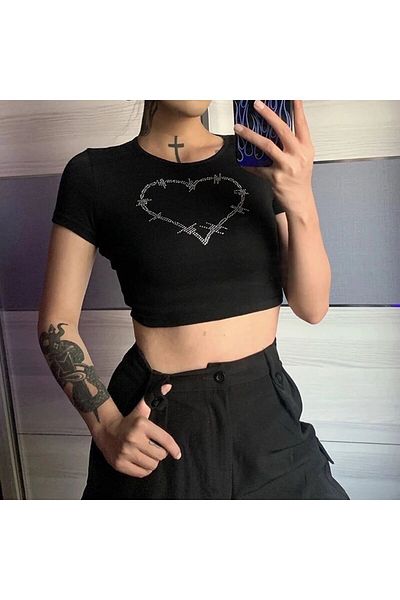 Gofeel Y2k Vintage Heart Printed Half T-shirt Crop Blouse
