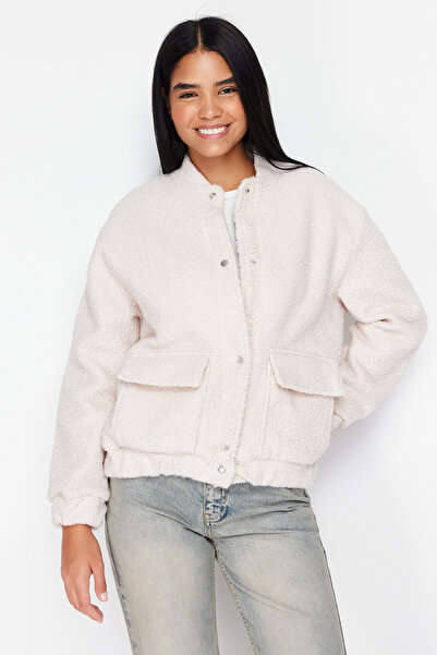 Trendyol Collection Ecru Regular Fit Boucle Bomber Tenká bunda TWOSS24MO00068