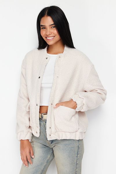 Trendyol Collection Dünner Bomberjackenmantel – Ecru Regular Fit, Boucle-Modell TWOSS24MO00068