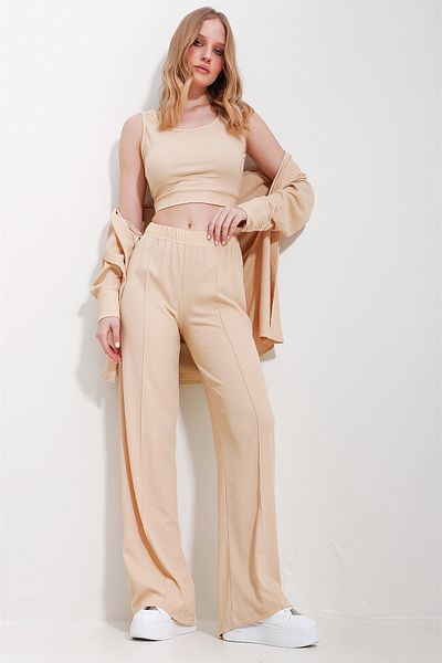 Trend Alaçatı Stili Women's Beige Crop Tank Top Shirt and Pants Set ALC-X11606