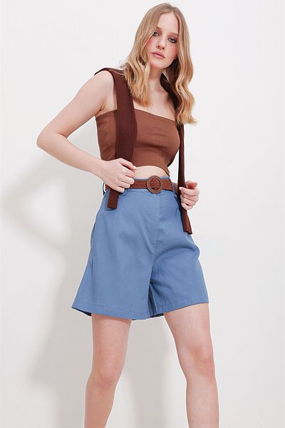 Trend Alaçatı Stili Women's Blue Straw Knit Belted Gabardine Shorts ALC-X10271