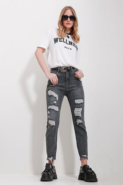 Trend Alaçatı Stili Woman Anthracite Washed Antique Mom Jean ALC-X11561