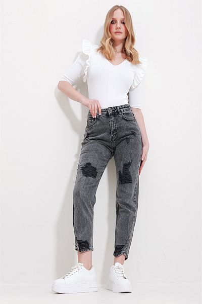 Trend Alaçatı Stili Γυναικείο Anthracite Snow Washed Mom Jean ALC-X11563
