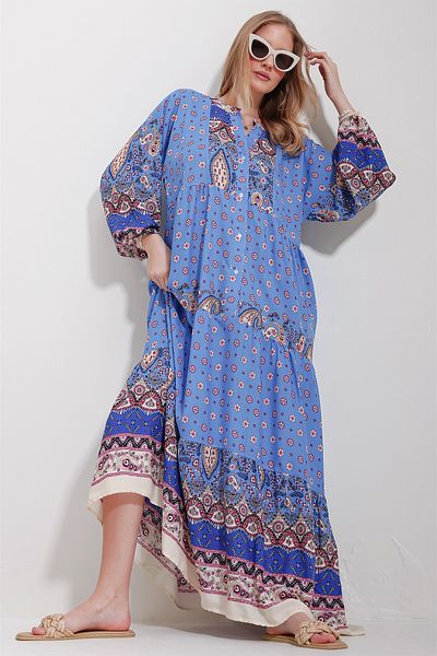 Trend Alaçatı Stili Women's Blue Judge Collar Shawl Patterned Maxi Length Dress ALC-X11593