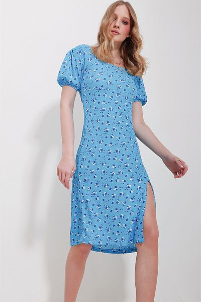Trend Alaçatı Stili Women's Blue Square Collar Back Lace-up Slit Patterned Dress ALC-X11590
