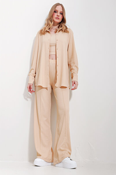 Trend Alaçatı Stili Női bézs Crop póló és nadrág szett ALC-X11606