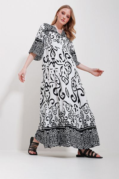 Trend Alaçatı Stili Women's Black Front Laced Patterned Woven Viscose Dress ALC-X11595