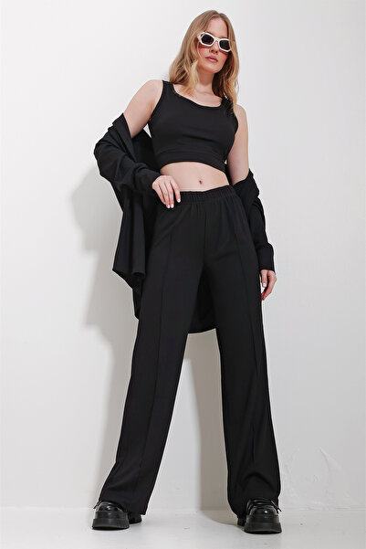 Trend Alaçatı Stili Schwarzes Crop-Tanktop-Shirt und Hosen-Set für Damen ALC-X11606