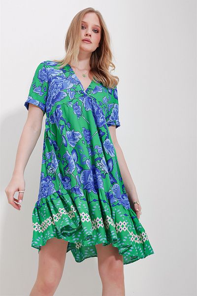Trend Alaçatı Stili Women's Green V-Neck Skirt Flounce Viscose Dress ALC-X11591