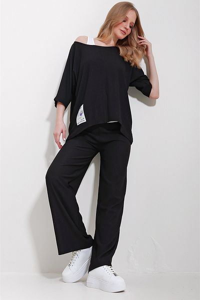 Trend Alaçatı Stili Women's Black Boat Neck Blouse and Palazzo Pants 3-Piece Set ALC-X11605