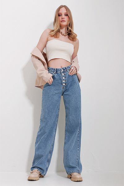 Trend Alaçatı Stili Women's Blue High Waist 5 Button Pocket Snow Washed Jean Trousers ALC-X11560