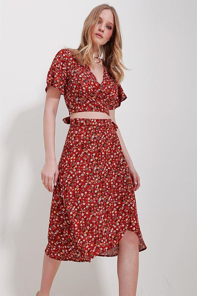Trend Alaçatı Stili Women's Tile Double-breasted Collar Floral Patterned Blouse and Ruffled Skirt Woven Viscose Set ALC-X11592